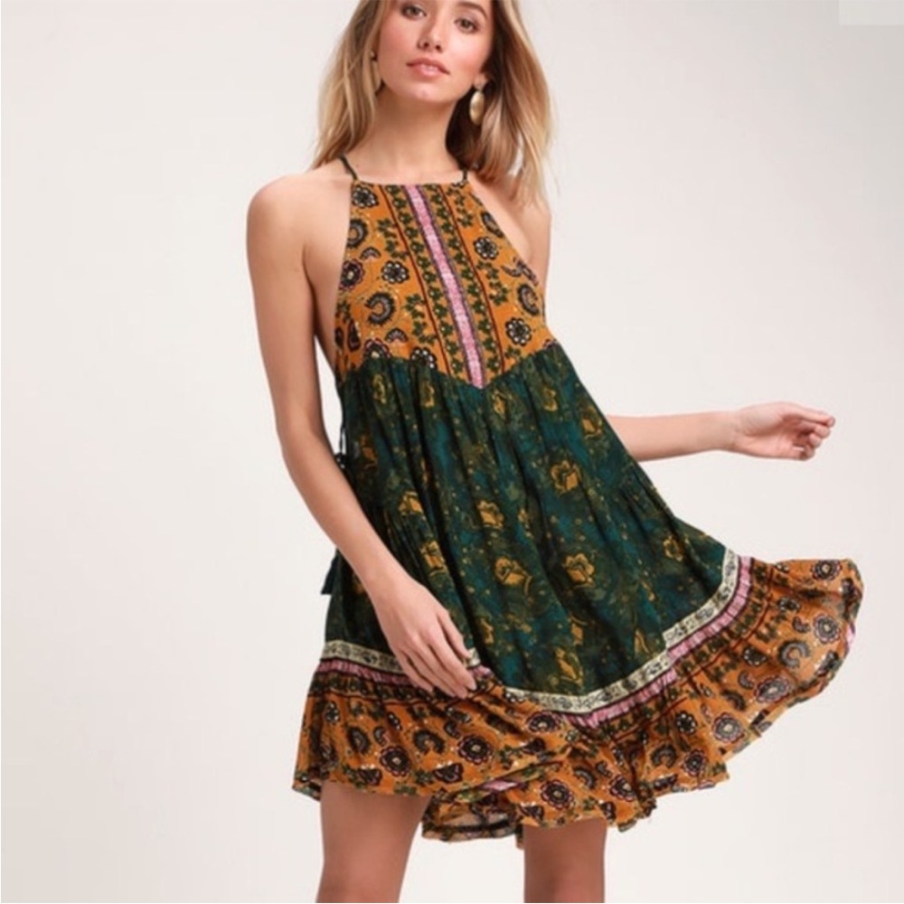 Intimately Free People Casablanca Mixed Print Halter Mini Slip Boho Dress Small